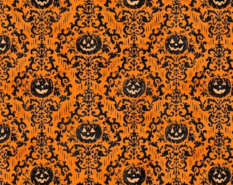 Pumpkin Fabric, Pumpkin Damask Orange Midnight Hauntings by Michael Davis for Wilmington Prints Quilting Cotton Fabric 96485-898