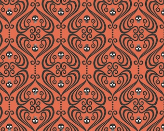 Halloween Damask Fabric, Ornaments on Orange and Black from the Gothic Whimsy collection by Anequ Studio for Cloud9 Fabrics