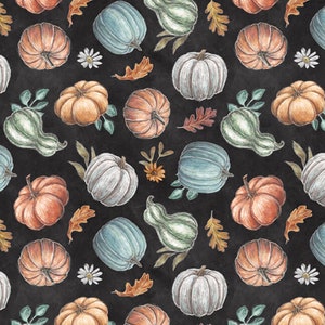 Pumpkin Fabric, Tossed Pumpkins on Charcoal Late Summer Harvest Collection by Lily Ford for Blank Quilting Cotton Fabric