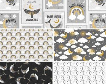 Whale Nursery Flannel Fabric Bundle, 5 Piece, Moon Child Patch Stay Wild Moon Child Quilting Flannel Fabric by 3 Wishes Fabric