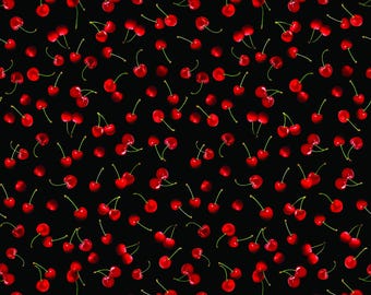 Cherry Fabric, Cute Cherries on Black Cherry Hill by Benartex Kanvas Studio Quilting Cotton Fabric, 1432012B