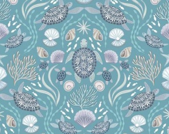 Sea Turtle Fabric, Sea Turtle Family on Ocean Blue with pearlescent accents Ocean Pearls Collection Lewis and Irene Quilting Cotton Fabric