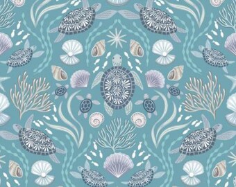 Sea Turtle Fabric, Sea Turtle Family on Ocean Blue with pearlescent accents Ocean Pearls Collection Lewis and Irene Quilting Cotton Fabric