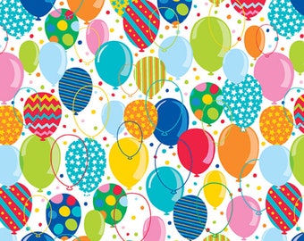 Birthday Balloon Fabric, Colorful Balloons on White This Calls for Cake Collection by Emily Dumas for Henry Glass Quilting Cotton Fabric