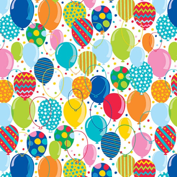 Birthday Balloon Fabric, Colorful Balloons on White This Calls for Cake Collection by Emily Dumas for Henry Glass Quilting Cotton Fabric