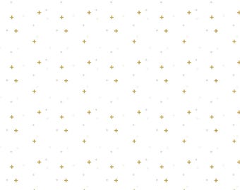 White Blender Fabric, Sparkler on White Riley Blake Quilting Cotton Fabric, Gold Metallic Plus Signs, SC650-White