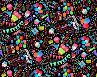 Happy Birthday Fabric, Happy Birthday Wishes from the Party Animal Collection by Gail Cadden for Timeless Treasures Quilting Cotton Fabric