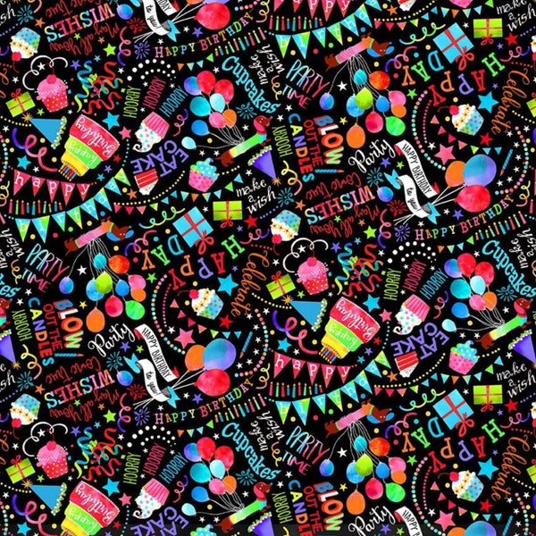 Happy Birthday Fabric, Happy Birthday Wishes from the Party Animal Collection by Gail Cadden for Timeless Treasures Quilting Cotton Fabric