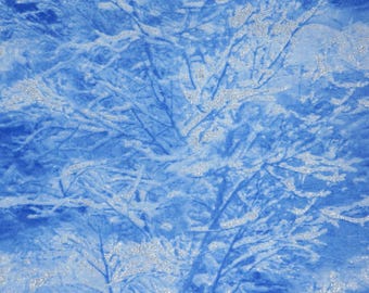 Winter Trees Fabric, Delft Trees Metallic Sparkle by Timeless Treasures Quilting Cotton Fabric, Glitter Winter Trees, ICE CM7833-DELFT