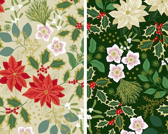 Floral Christmas Fabric, Festive Floral on Cream or Green with Gold Metallic Accents by Lewis and Irene Quilting Cotton Fabric, Yuletide