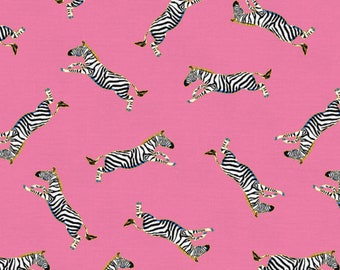 Pink Zebra Fabric, Tossed Zebra Hot Pink Wild Expedition by Paintbrush Studios Quilting Cotton Fabric