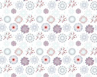 Patriotic Fireworks Fabric, Fireworks on White Stars and Stripes Forever by Lori Whitlock Riley Blake Quilting Cotton Fabric C15711-WHITE