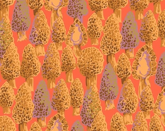 Mushroom Fabric, Morel Mushrooms on Coral Forage by Martha Negley for Free Spirit Quilting Cotton Fabric PWMN073.CORAL