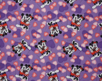 Mickey Minnie Love and Hearts on Purple Valentine's Day Disney Licensed Cotton Fabric