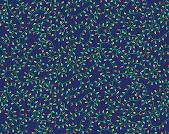 Christmas Lights Fabric, Holiday Lights on Navy Happy Llamadays by Andi Metz by Benartex Kanvas Studio Quilting Cotton Fabric 14426-56B