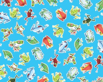 Frog Fabric, Hop to It Glow on Medium Turquoise by Kanvas Studio for Benartex Quilting Cotton,  Tropical Tree Frog Fabric, Red Eyed Frog