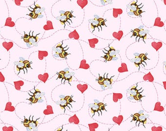 Valentine Honey Bee Fabric, Multi Tossed Bees Bee Mine by Henry Glass Quilting Cotton Fabric, Henry Glass Valentine Fabric, Bee Fabric