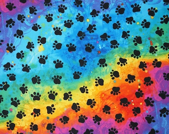 Rainbow Paw Print Fabric, Black Paw Prints on Rainbow by Hi Fashion Fabrics Novelty Cotton Fabric, Bright Paw Print Fabric, Vibrant