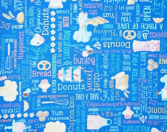 Baking Words Fabric, Freshly Baked Words on Blue Gnomebody Bakes it Better by Andi Metz for Kanvas Studio Benartex Quilting Cotton Fabric