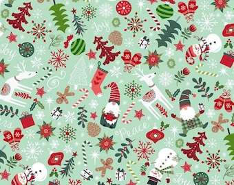 Mini Tossed Christmas Gnomes Fabric, Holiday Snowmen Fun Gnomes by Hi Fashion Fabrics Quilting Cotton Fabric Mint Christmas Fabric