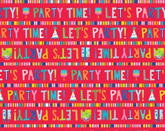 Happy Birthday Fabric, Lets Party Words Stripe on Red This Calls for Cake Collection by Emily Dumas for Henry Glass Quilting Cotton Fabric