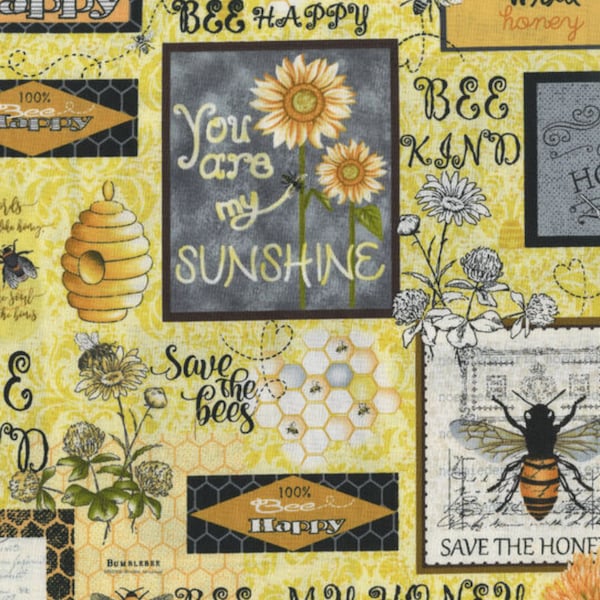 Honey Bee Fabric, Bee Patchwork on Yellow by Hi Fashion Fabrics Quilting Cotton Fabric, Bee Words Fabric, Bee Patch Fabric