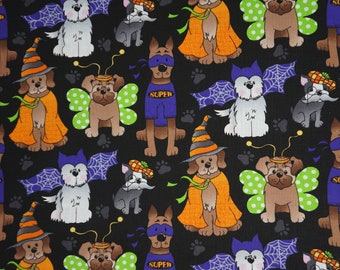 Dogs in Halloween Costumes by Fabric Traditions Novelty Cotton Fabric 17822-Z, Witch Dog, Super Dog, Butterfly Costume Dog