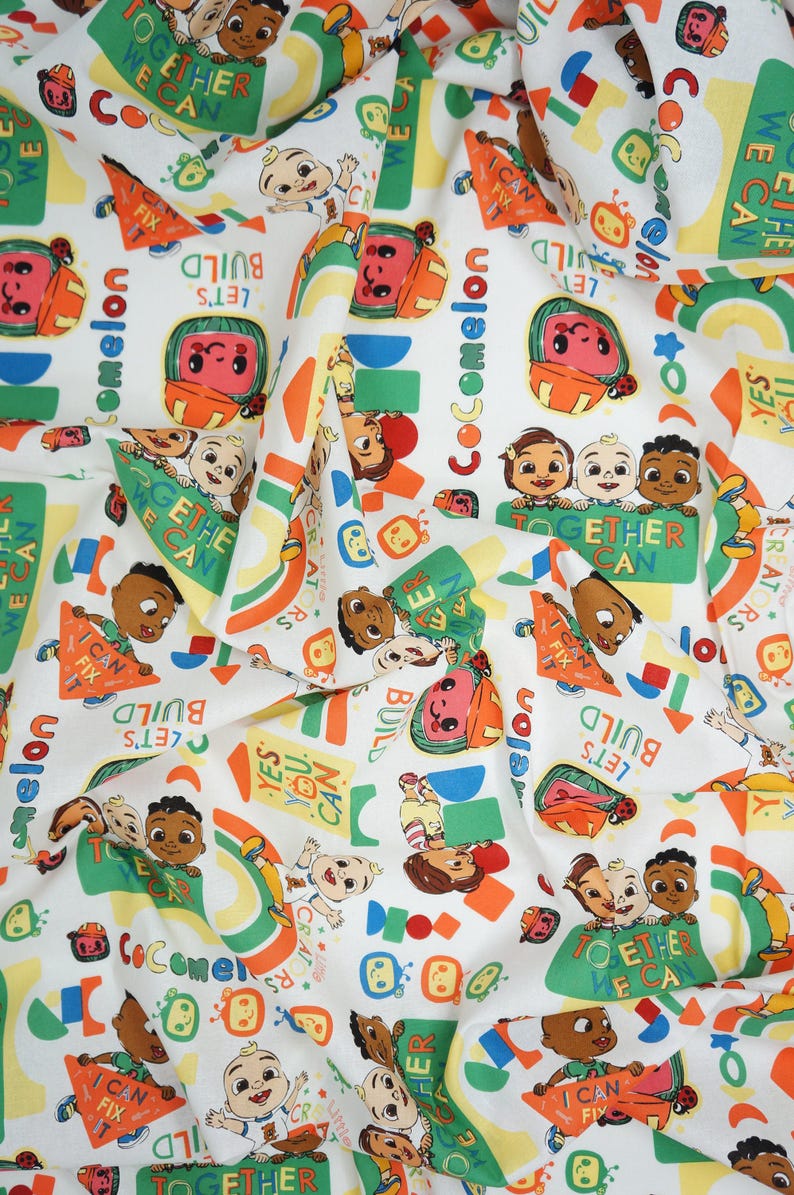 Cocomelon Fabric, Tossed Lets Build Kids on White Licensed by David Textiles Novelty Cotton Fabric, JJ Fabric, Cody and Nina Cocomelon image 6