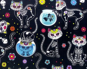 Cat Halloween Fabric, Skeleton Cat by Timeless Treasures Quilting Cotton Fabric, Sugar Skull Cat, Black Day of the Dead Kitty, Halloween Cat