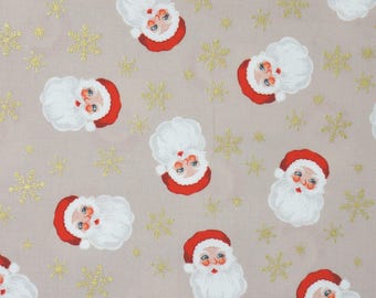 Santa Fabric, Santa on Natural with Gold Metallic Snowflakes by Lewis and Irene Quilting Cotton Fabric, Santa Claus Fabric C118.1