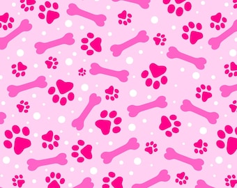 Dog Fabric, Paw and Bones on Pink by David Textiles Novelty Cotton Fabric DX-4363-4C-10