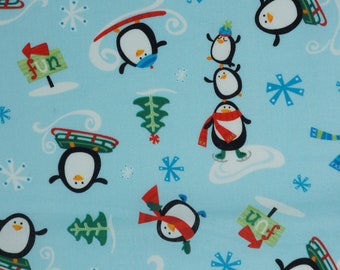 Skiing Penguins Novelty Cotton Fabric, Silly Penguins, Christmas Penguins, Holiday Penguins