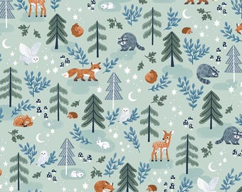 Woodland Animal Fabric, Main Twilight Creatures on Mint Green by Natàlia Juan Abelló Riley Blake Quilting Cotton Fabric C15360-MINT