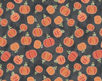 Pumpkin Fabric, Tossed Pumpkins on Dark Gray by Cherry Guidry for Contempo Benartex Quilting Cotton Fabric, Hello Pumpkin, 16287-15B