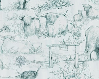 Highland Cow Fabric, Highland Ranch Toile by Susan Winget for Springs Creative Novelty Cotton Fabric, Gray Blue Outline 81428-160028