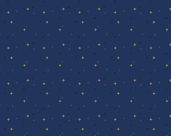 Navy Blender Fabric, Sparkler on Navy Riley Blake Quilting Cotton Fabric, Gold Metallic Plus Signs, SC650-NAVY