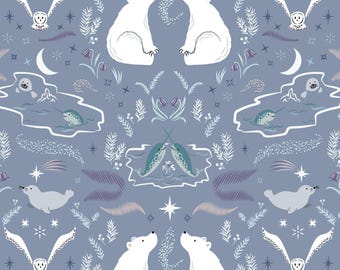 Arctic Animal Fabric, True North on Pearl Blue by Lewis and Irene Quilting Cotton Fabric, Polar Bear Fabric, CC26.2