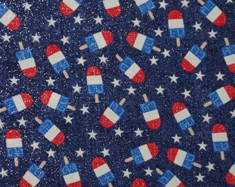 Patriotic 4th of July Fabric, Glitter Popsicles and Stars on Blue Novelty Cotton Fabric, Fireworks Fabric, Patriotic Theme, Fun 4th of July