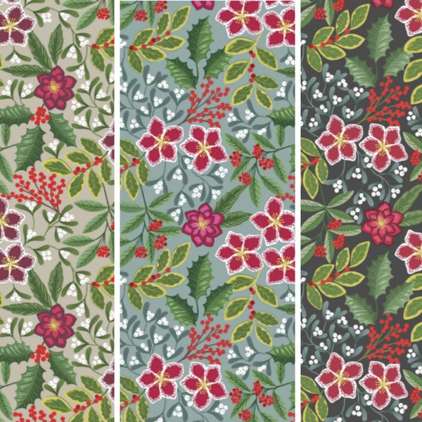 Farmhouse Winter Floral on Linen, Slate Blue or Charcoal by Lewis & Irene Quilting Cotton Fabric, Poinsettia Christmas Floral, Metallic Noel