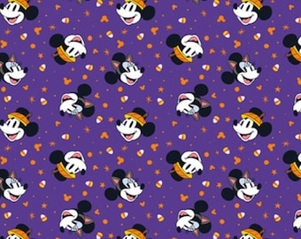 Mickey and Minnie Halloween Fabric, Mickey Minnie Candy Corn on Purple Licensed Disney Novelty Cotton Fabric by Springs Creative