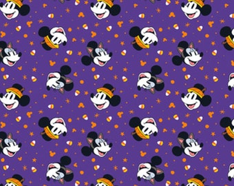 Mickey and Minnie Halloween Fabric, Mickey Minnie Candy Corn on Purple Licensed Disney Novelty Cotton Fabric by Springs Creative