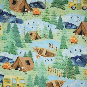 Camping Fabric, Camping Scenic Multi Live, Love, Camp Benartex Kanvas Studio Quilting Cotton Fabric, Scenic Camping, 14451-99B