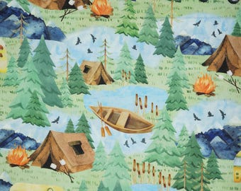Camping Fabric, Camping Scenic Multi Live, Love, Camp Benartex Kanvas Studio Quilting Cotton Fabric, Scenic Camping, 14451-99B