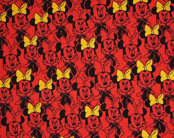 Red Minnie Mouse with Yellow Bows Licensed Knit Fabric Disney Fabric 95% Cotton 5Percent Spandex 58"Wide by the half yard and Yard