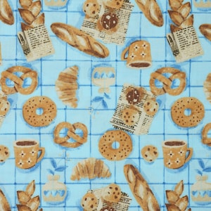 Sourdough Bread Fabric, Baker's Table on Blue Novelty Cotton Fabric