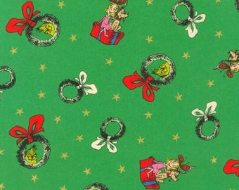 Grinch Fabric, Grinch Wreaths Metallic Stars on Green How the Grinch Stole Christmas Licensed Robert Kaufman Novelty Cotton Fabric