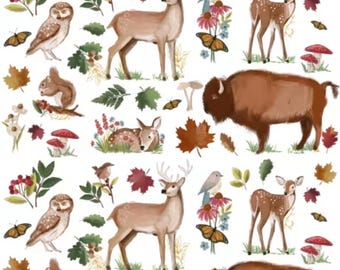 Autumn Animal Fabric, Autumn Animals on White by 3 Wishes Novelty Cotton Fabric 22219-WHT