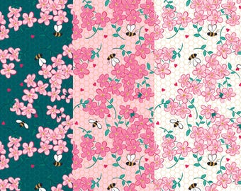 Valentine Floral Bee Fabric, Floral Sparkle in Teal, Blush or White with Gold Metallic Accents Riley Blake Quilting Cotton Fabric
