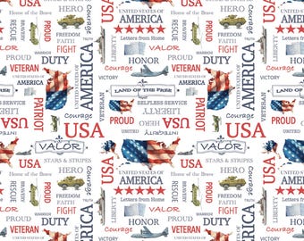 Patriotic Words Fabric, Letters from Home Text on White by Riley Blake Quilting Cotton Fabric, Quilt of Valor Fabric, C15611-WHITE