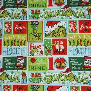 May include: A white fabric with a repeating pattern of the Grinch from the Dr. Seuss book "How the Grinch Stole Christmas!" The pattern includes the Grinch's face, the Grinch's hands, and the Grinch's feet. The pattern also includes the words "Grinchmas", "12 Days of", "Who Hash", and "How the Grinch Stole Christmas!" The pattern is in red, green, white, and blue.